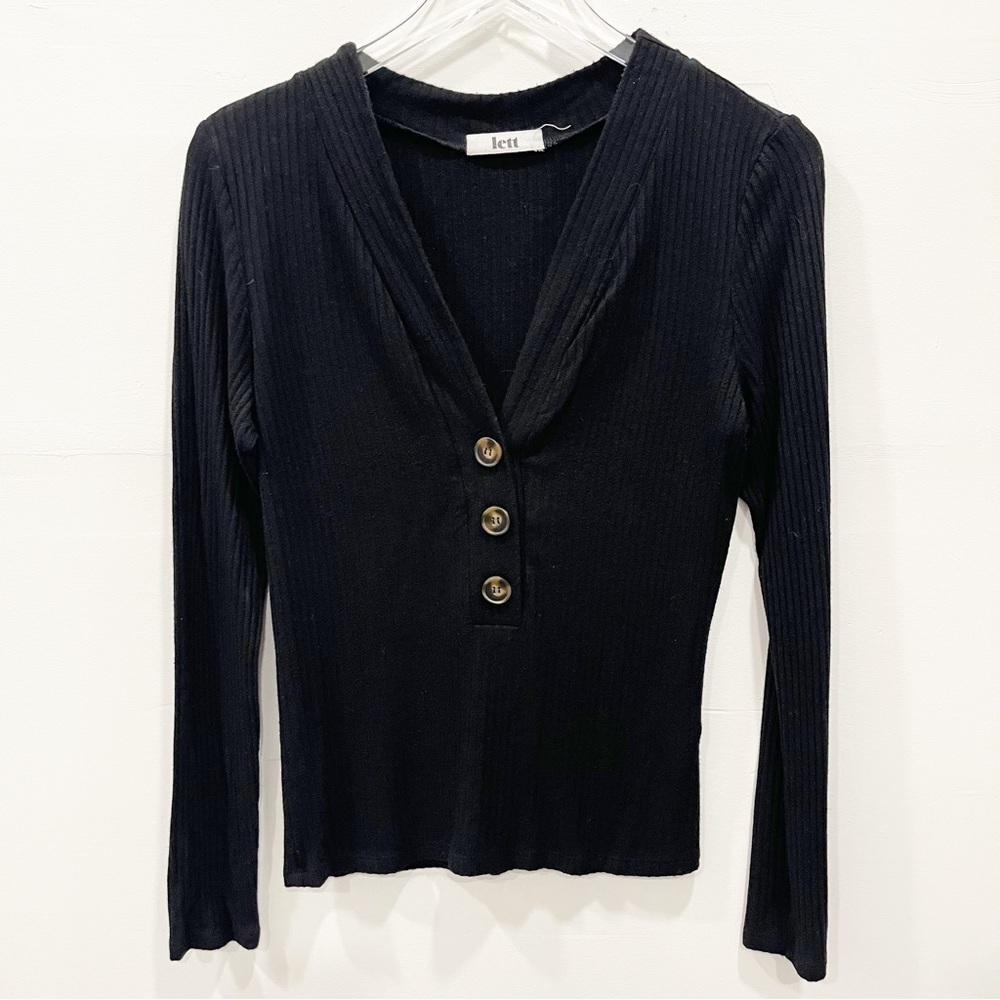 Lett Ribbed V-Neck Button Front Long Sleeve Top Black Medium